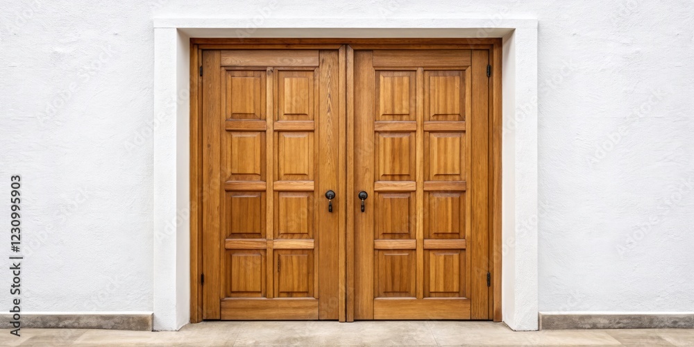 Minimalist Wooden Double Door, White Background, Closeup Architecture, New Home Decor Minimalist Wooden Double Door, White Background, Closeup Architecture, New Home Decor