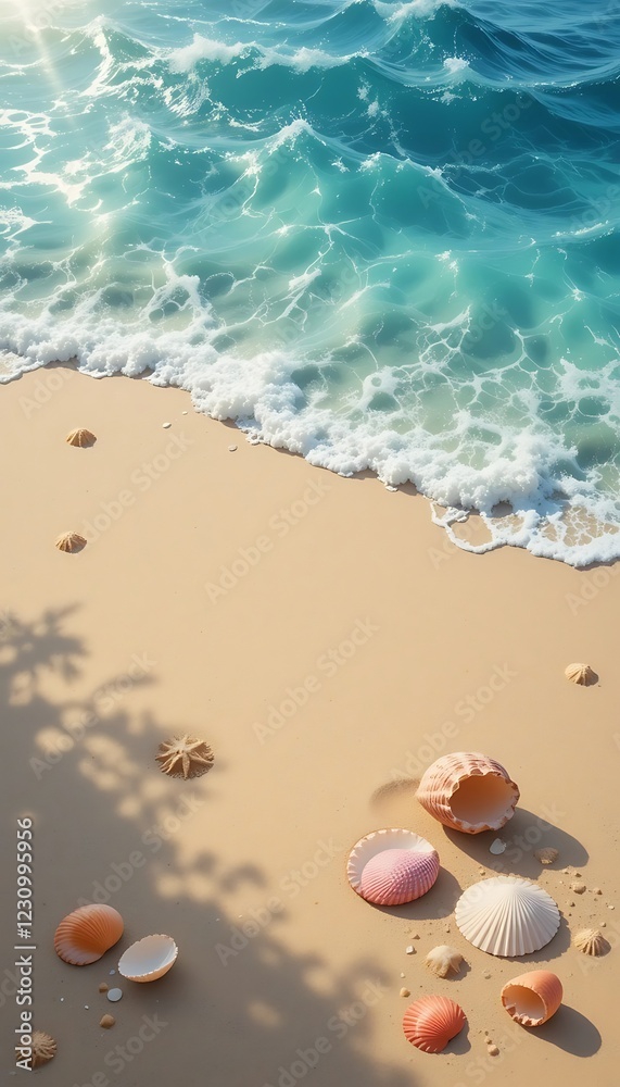 Naklejka premium Seashells scattered on a sandy beach near ocean waves