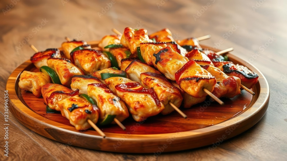 Sizzling skewers of marinated chicken and vegetables on a wooden platter, spice, summer Sizzling skewers of marinated chicken and vegetables on a wooden platter, spice, summer