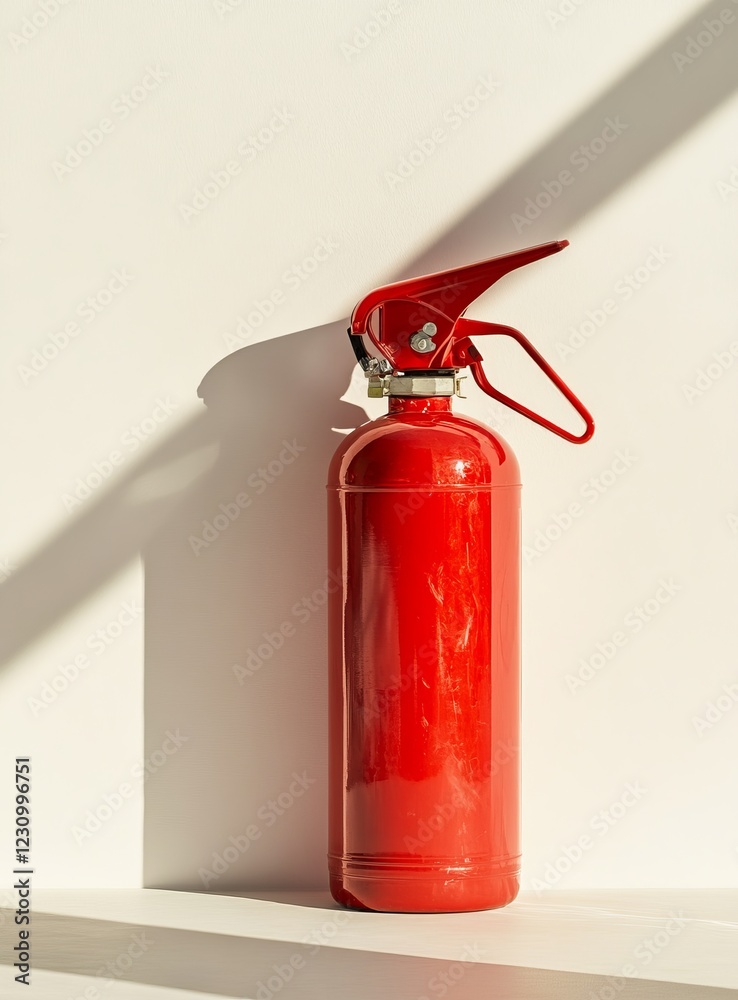 Obraz premium Red fire extinguisher against white wall in sunlight.