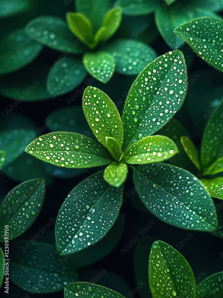 Fototapeta premium Dewy green leaves, close-up, nature, background blur, perfect for eco-themed designs