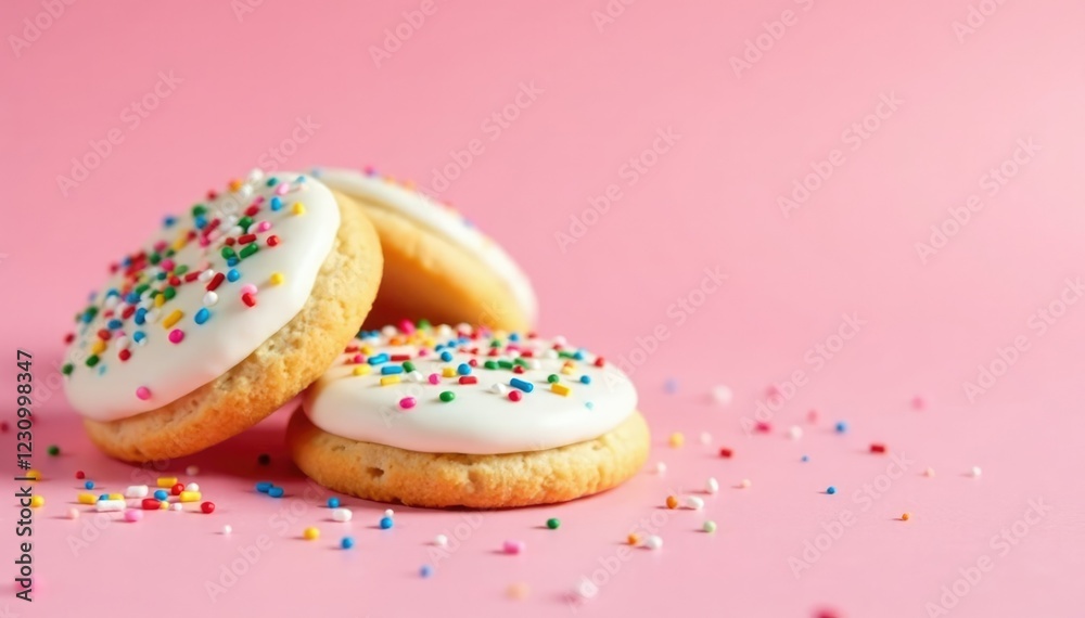 Colorful sprinkles on frosted cookies against a pastel pink background, treat, festive Colorful sprinkles on frosted cookies against a pastel pink background, treat, festive
