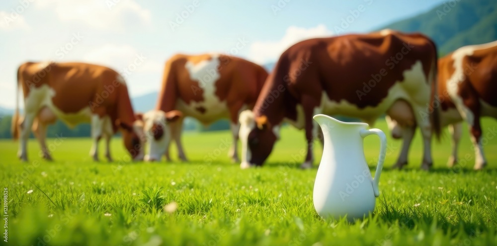 Fototapeta premium Cows grazing with a milk pitcher in the foreground, pitcher, grass, country