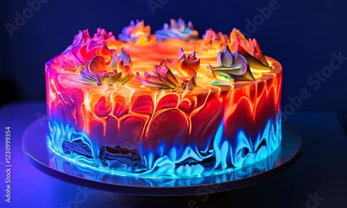 Colorful Neon Frosted Cake with Bright Swirls and Flower Designs with ai generated.