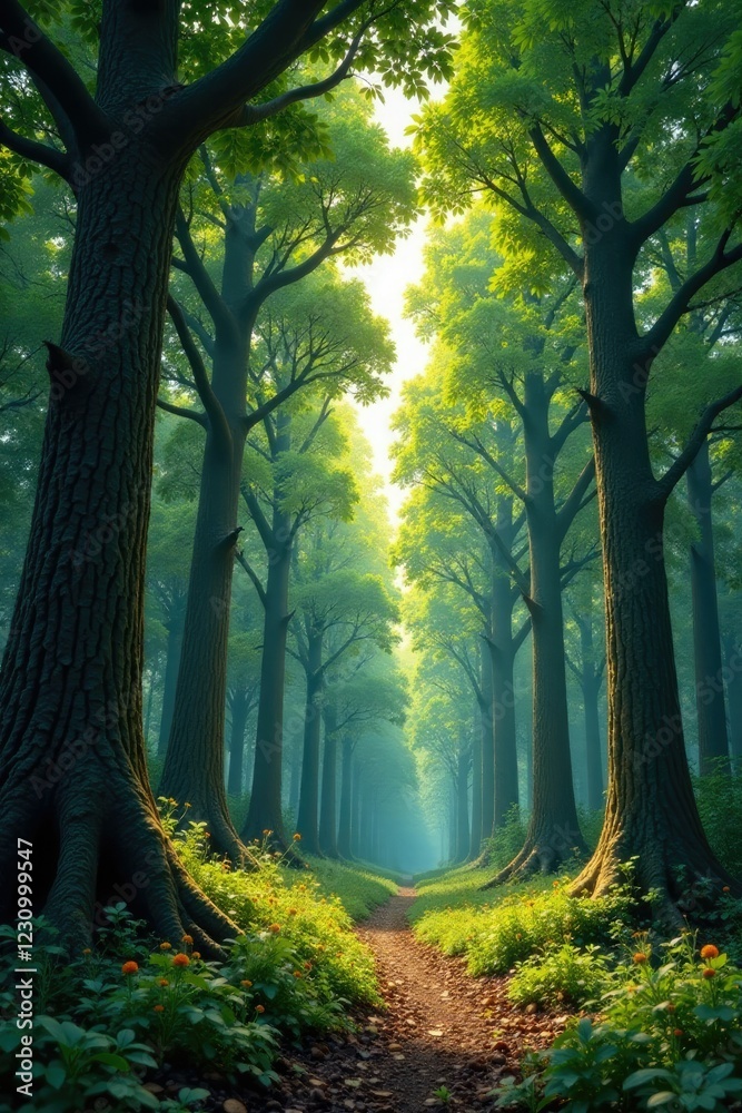 Naklejka premium Forest with large trees and small branches stretching towards the sky, trunk, branch