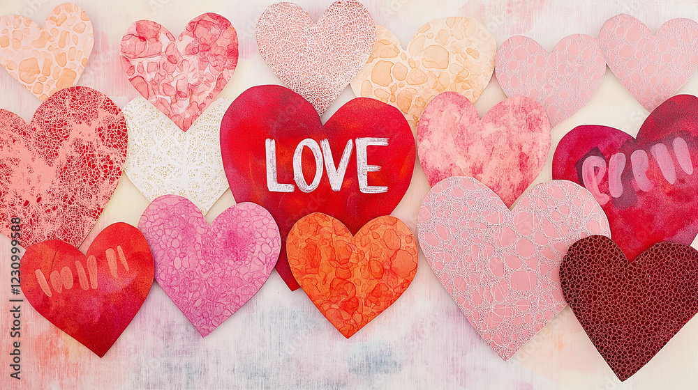 Hearts background with textures and the word love