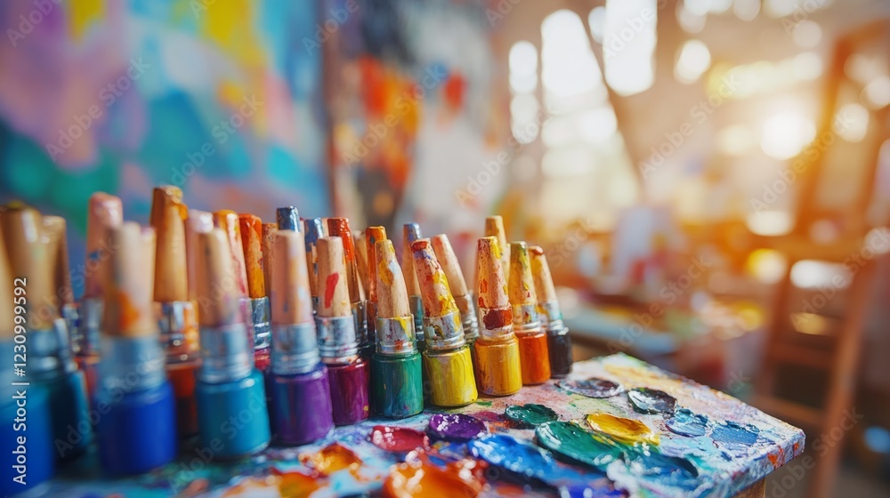 Close-up of paintbrushes and a palette with vibrant colors, in an art studio. Close-up of paintbrushes and a palette with vibrant colors, in an art studio.