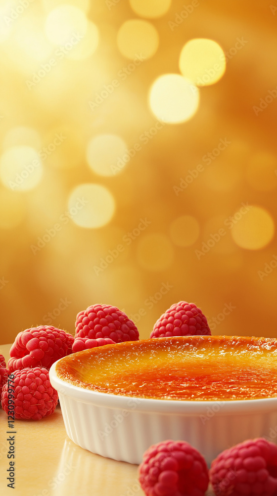 Creme brulee with raspberries and bokeh