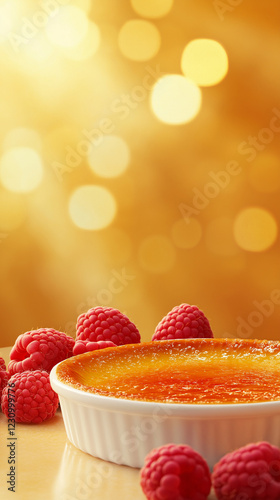 Obraz na płótnie Creme brulee with raspberries and bokeh w salonie