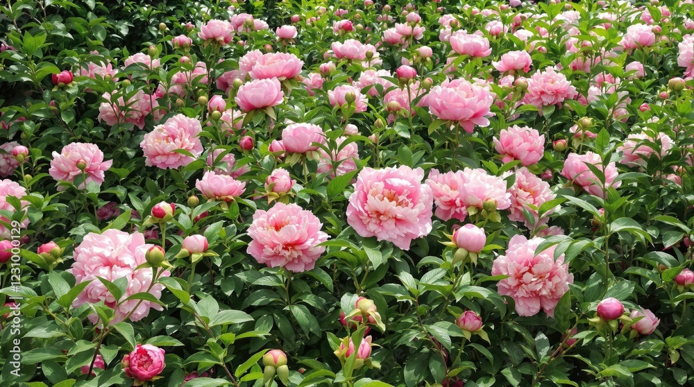 Fototapeta premium Pink peony flowers in a lush garden surrounded by greenery, botanical photography, floral arrangement, summer flowers.