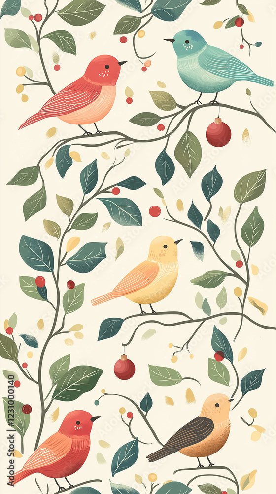 Allover pattern of birds with leaves, berries and ornaments