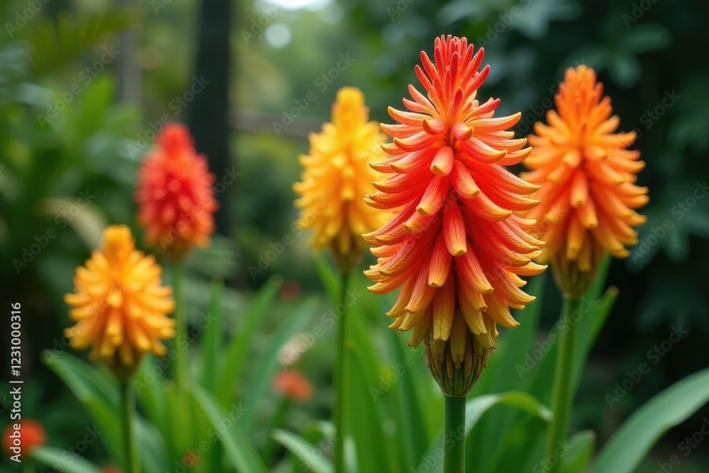 Kniphofia tritoma flowers in a garden with other tropical plants, tropical plants, botanical garden Kniphofia tritoma flowers in a garden with other tropical plants, tropical plants, botanical garden