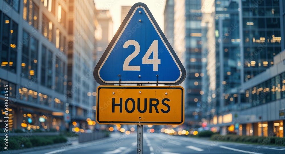 24 hours text on road sign in middle of modern business city background 24 hours text on road sign in middle of modern business city background