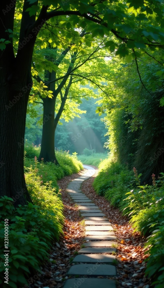 Obraz premium Light filtering through trees along a winding stone path, shade, trees