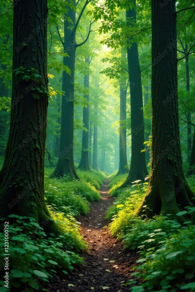 Obraz premium Lush green forest floor amidst ancient tree trunks, natural scenery, forest