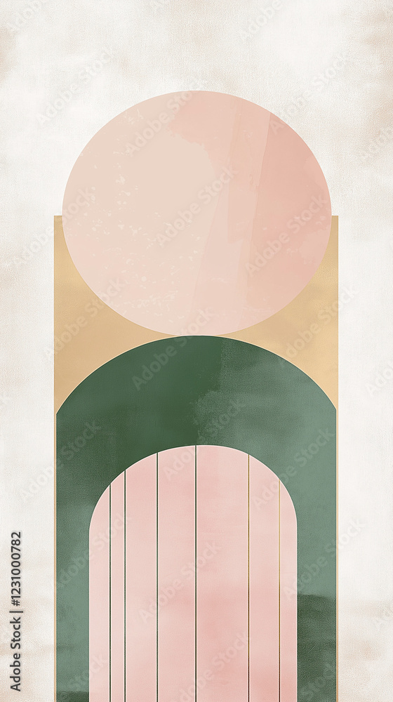 Curved forms in pale colors with gray green vertical