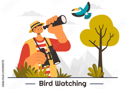 Bird Watching Vector Illustration featuring People Observing Bird in Nature with a Zoologist or Naturalist in a Park or Forest Setting in a Background