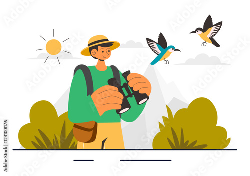 Bird Watching Vector Illustration featuring People Observing Bird in Nature with a Zoologist or Naturalist in a Park or Forest Setting in a Background