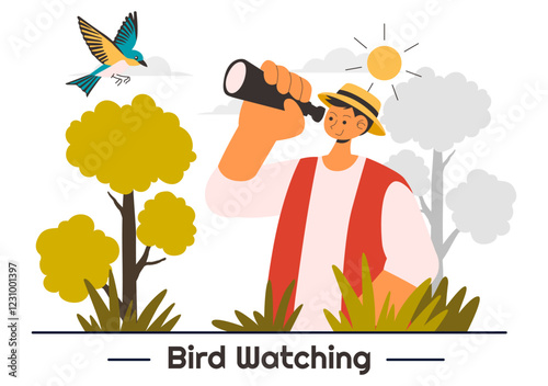 Bird Watching Vector Illustration featuring People Observing Bird in Nature with a Zoologist or Naturalist in a Park or Forest Setting in a Background