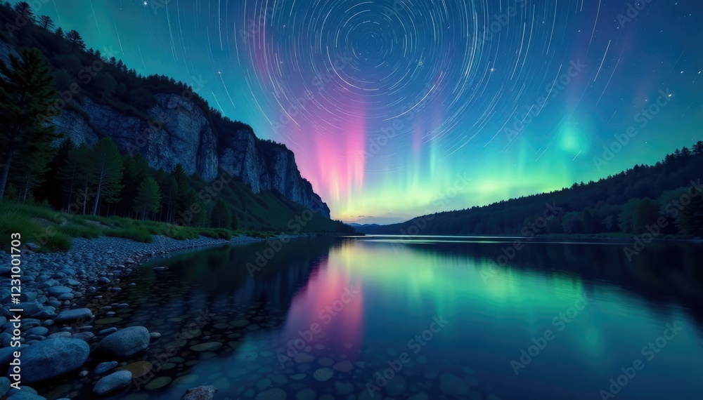 Serene riverbank scenery along Chusovaya River with a starry night sky and swirling star trails above the rocky cliff, Cliff, Aurora Borealis, Twilight Serene riverbank scenery along Chusovaya River with a starry night sky and swirling star trails above the rocky cliff, Cliff, Aurora Borealis, Twilight