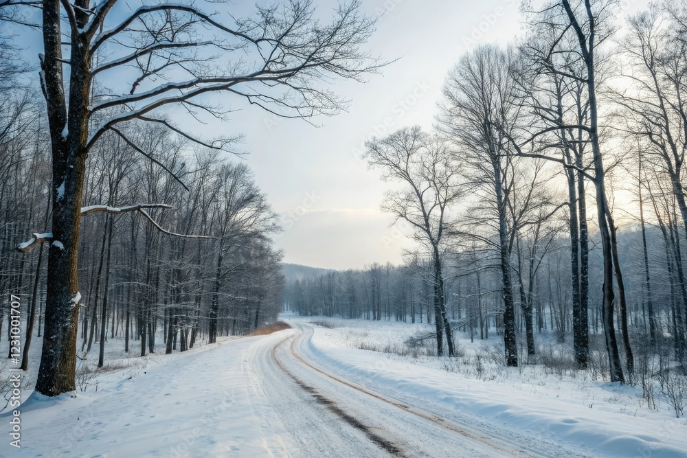 Road through a snowy forest with bare trees, winter landscape, frosty atmosphere, serenity, winter wonderland scene, snow-covered road Road through a snowy forest with bare trees, winter landscape, frosty atmosphere, serenity, winter wonderland scene, snow-covered road