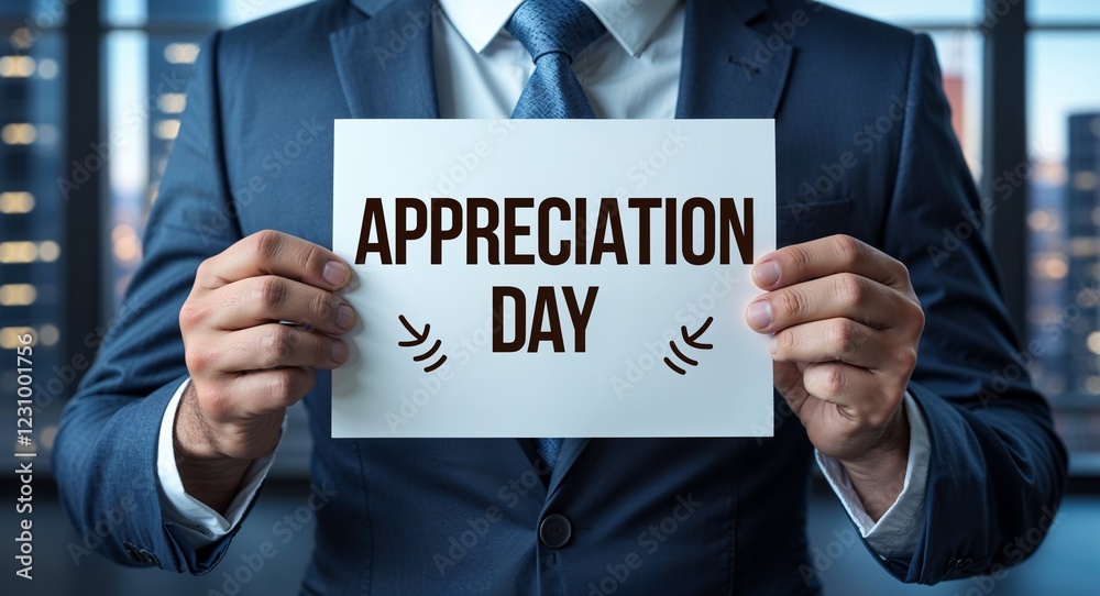 appreciation day text on plain white paper in hand on guy on formal suit business concept background appreciation day text on plain white paper in hand on guy on formal suit business concept background