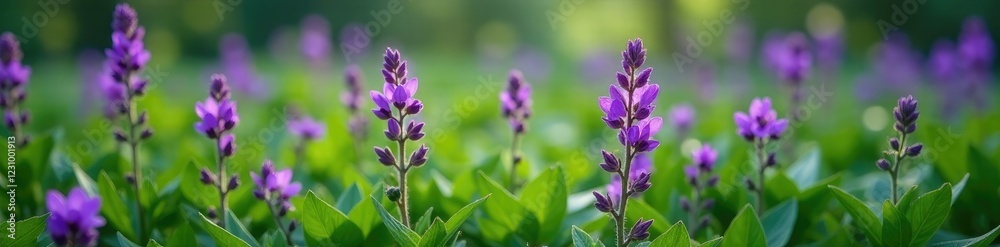 Showy purple violet flowers with pointed leaves in a dense thicket of greenery, wildflowers, showy Showy purple violet flowers with pointed leaves in a dense thicket of greenery, wildflowers, showy