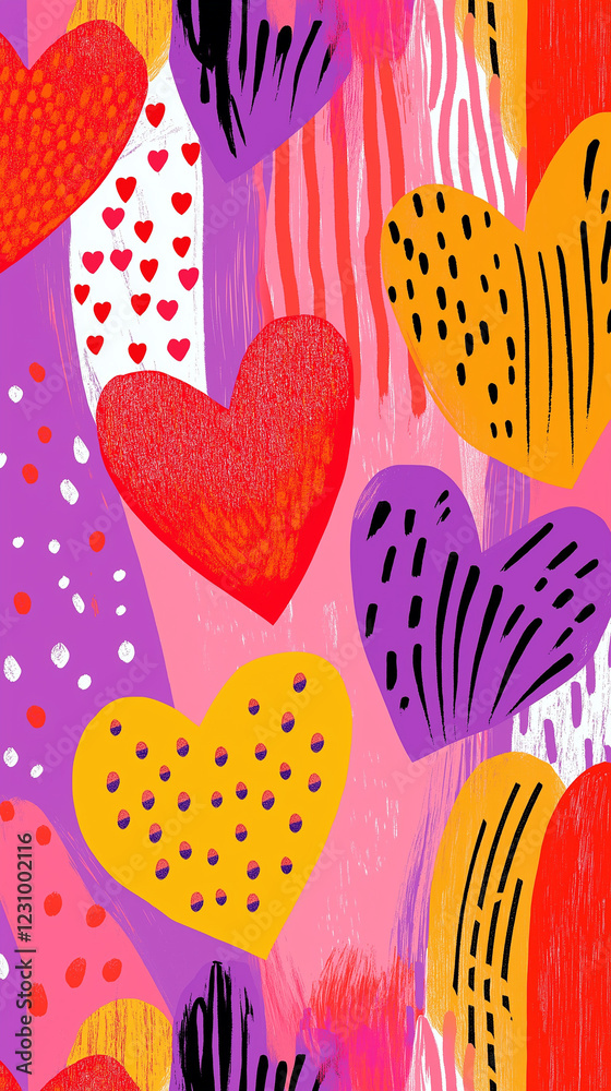 Colorful Valentine hearts in purple, red and dark yellow