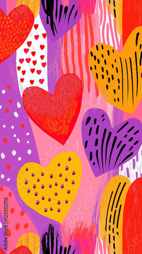 Obraz na płótnie Colorful Valentine hearts in purple, red and dark yellow w salonie