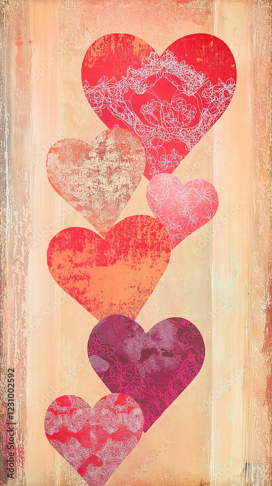 Valentine hearts with lace and other textures vertical