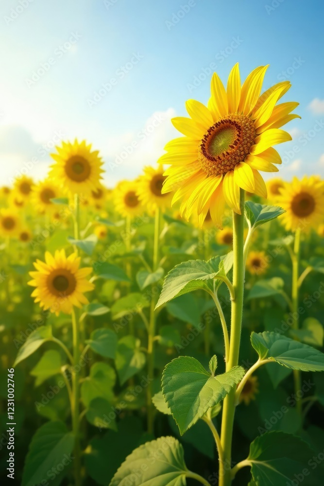 Sunflower fields with tall stalks swaying in breeze, sunflowers, summer Sunflower fields with tall stalks swaying in breeze, sunflowers, summer