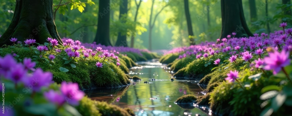 Fototapeta premium Swampy forest floor covered with purple flowers, swamp, purple flowers