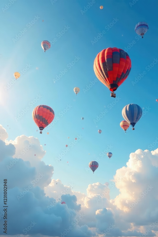 Fototapeta premium Swarms of balloons fill the clear blue morning sky, airy, clouds, clear
