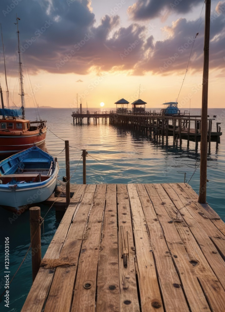 Fototapeta premium Seaside pier with fishing rods and boats in the background, boat, ocean