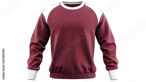 Maroon sweatshirt with white raglan sleeves and ribbed cuffs. photo