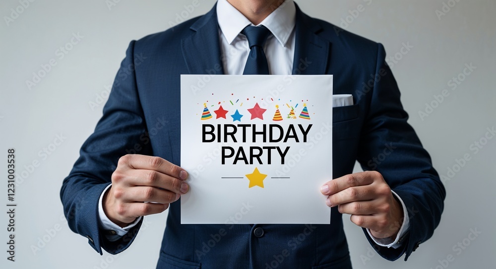 birthday party text on plain white paper in hand on guy on formal suit business concept background birthday party text on plain white paper in hand on guy on formal suit business concept background