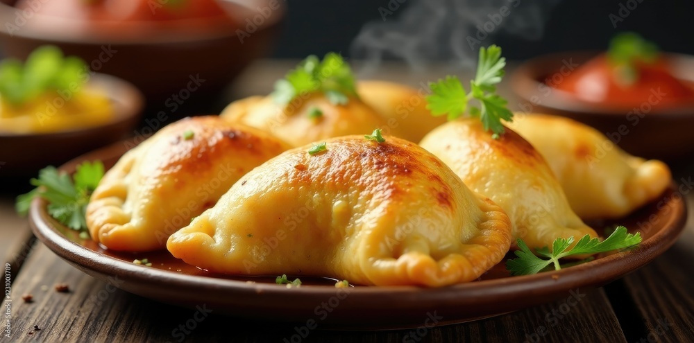 A plate of steaming hot empanadas filled with meats and cheeses, hot, meaty, appetizer A plate of steaming hot empanadas filled with meats and cheeses, hot, meaty, appetizer