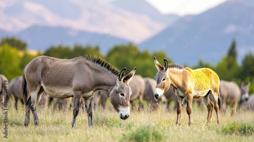 Two Donkeys Grazing in a Field with Mountains in the Background Two Donkeys Grazing in a Field with Mountains in the Background