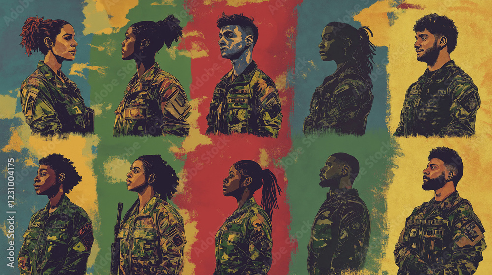 Ten diverse military people in camo uniforms