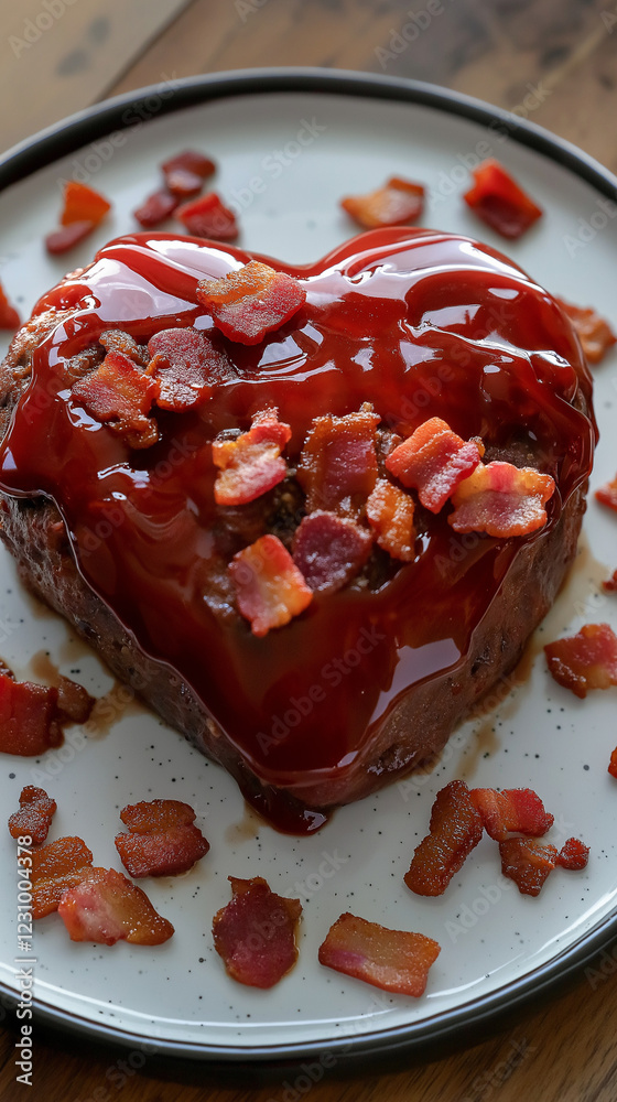 Vertical heart-shaped meatloaf with bacon