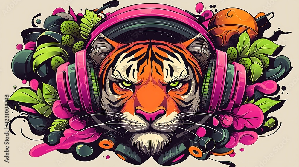 A vibrant illustration of a tiger wearing oversized headphones surrounded by colorful foliage and abstract shapes