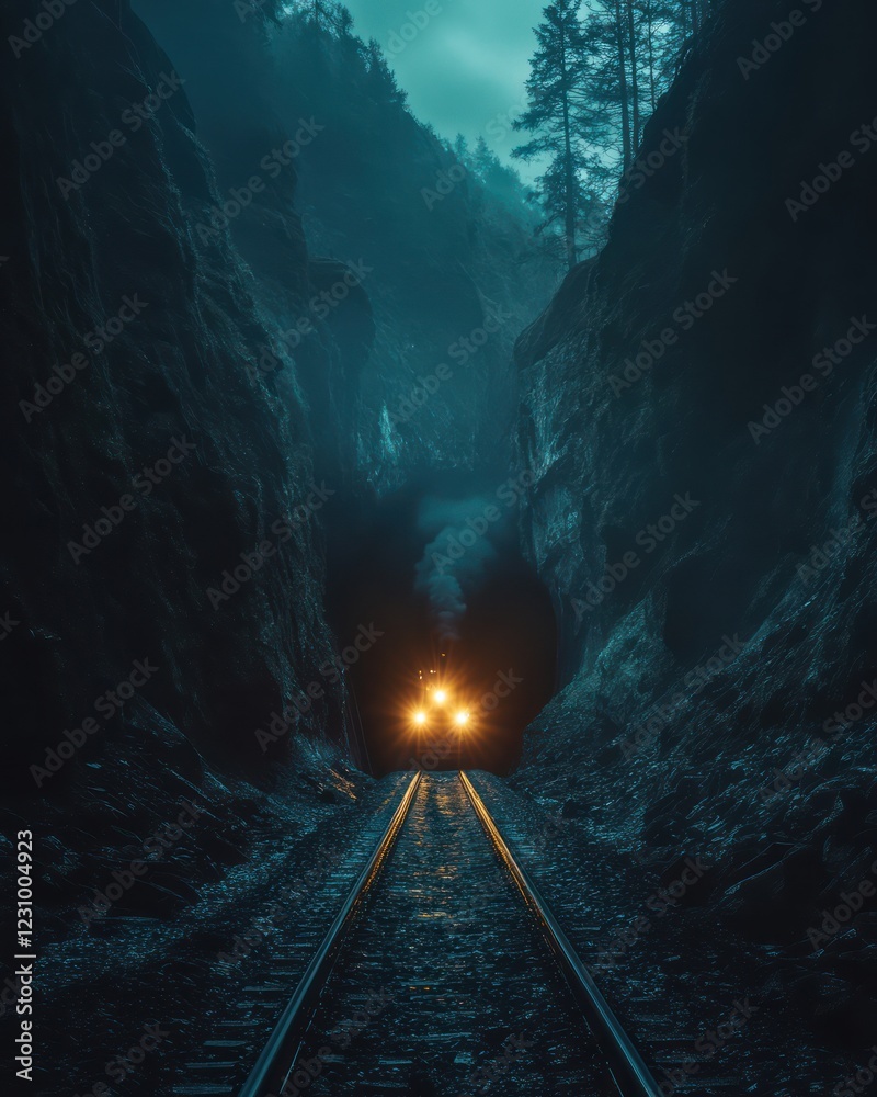 Naklejka premium Train exiting mountain tunnel at night