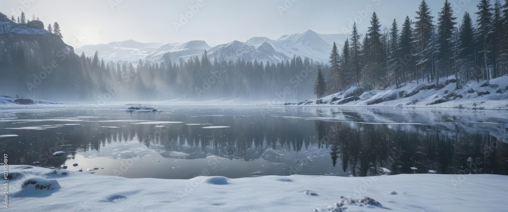 Fototapeta premium Snowflakes falling gently in front of a frozen lake, winter scene, cold weather, wintry atmosphere