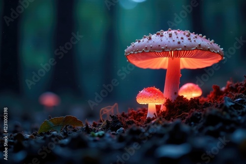 Forest floor aglow with soft luminescent mushrooms, mushrooms, soft photo