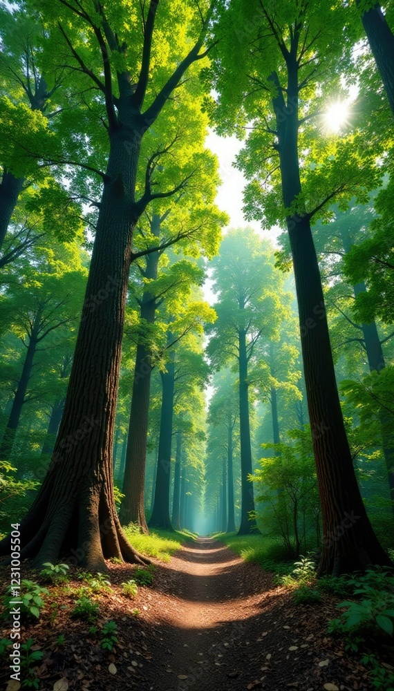 Obraz premium Forest with large trees and small branches stretching towards the sky, wood, trunk, canopy