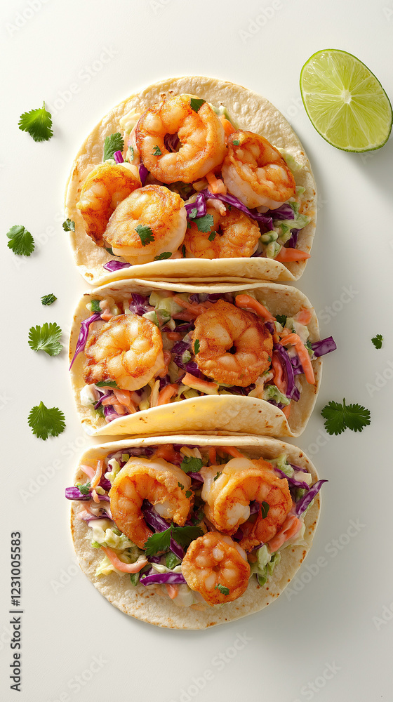 Overhead shrimp tacos with coleslaw and text space