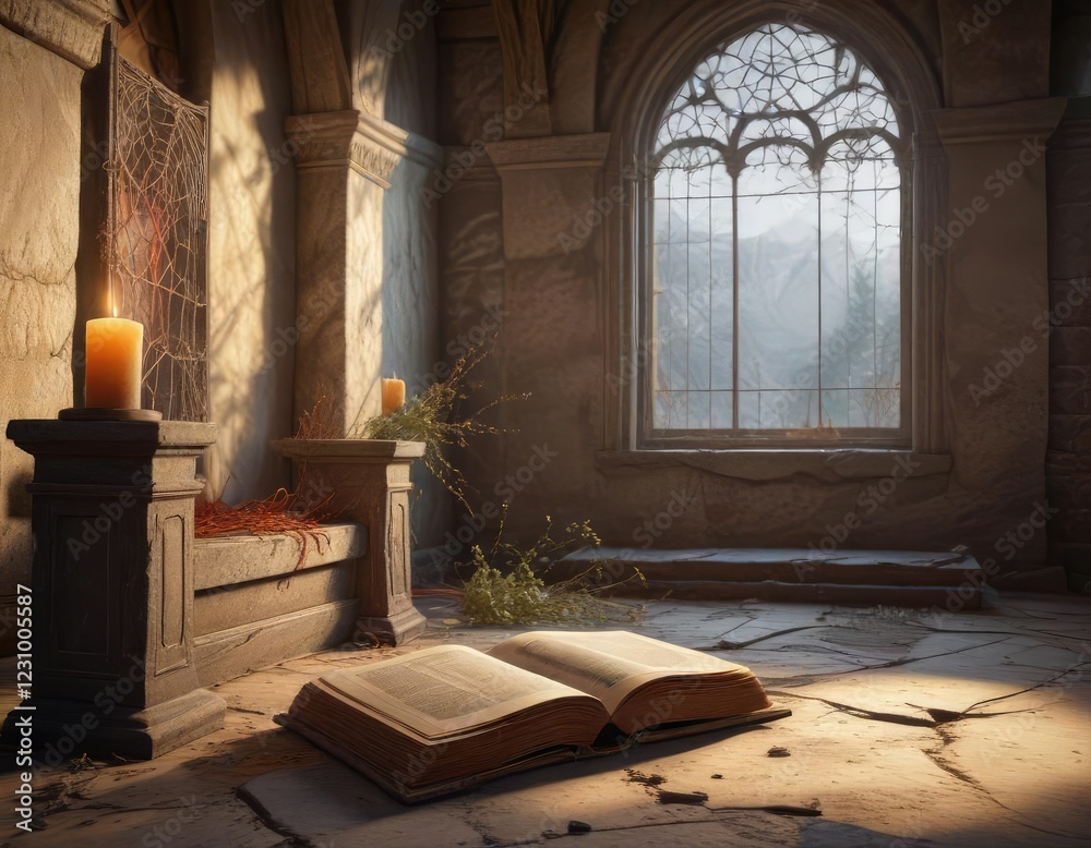 Fototapeta premium Dusty, cobweb-covered pews surround an empty, stone altar with a lone, old book, old book, isolation
