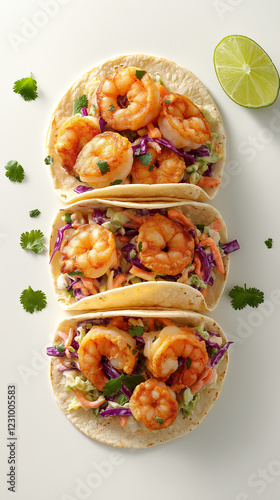 Obraz na płótnie Overhead shrimp tacos with coleslaw and text space w salonie