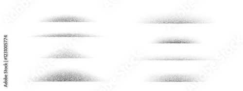 Dotted fading shadow set. Stippled shade effect collection. Textured vanishing halftone gradient stripes. Black sprayed grainy strips pack. Noise edge bundle for separate and divide. Vector