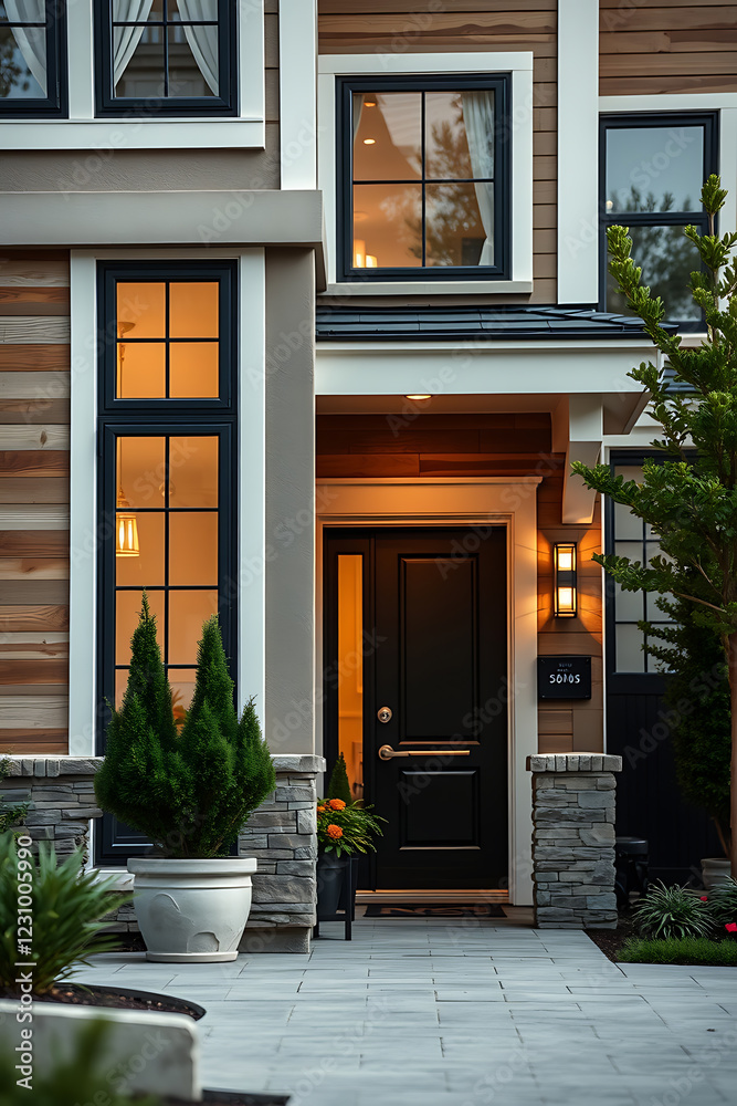 Fototapeta premium Luxury Modern Home Exterior at Night: Architectural Design and Landscaping